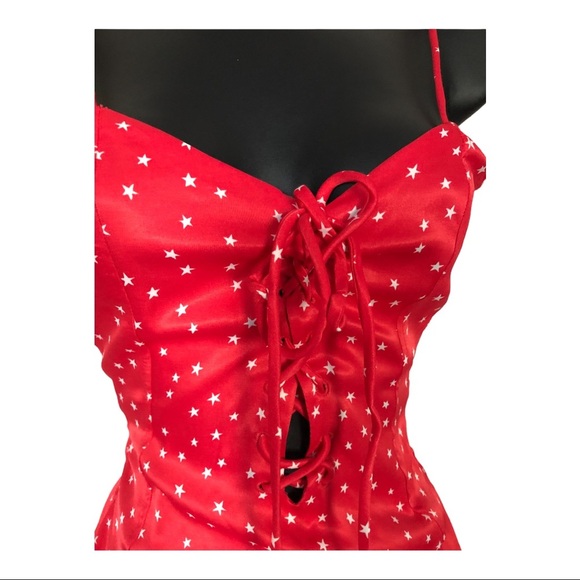 Zara red retro satin silk look stars lace-up spaghetti strap bodysuit size Large - Picture 4 of 14